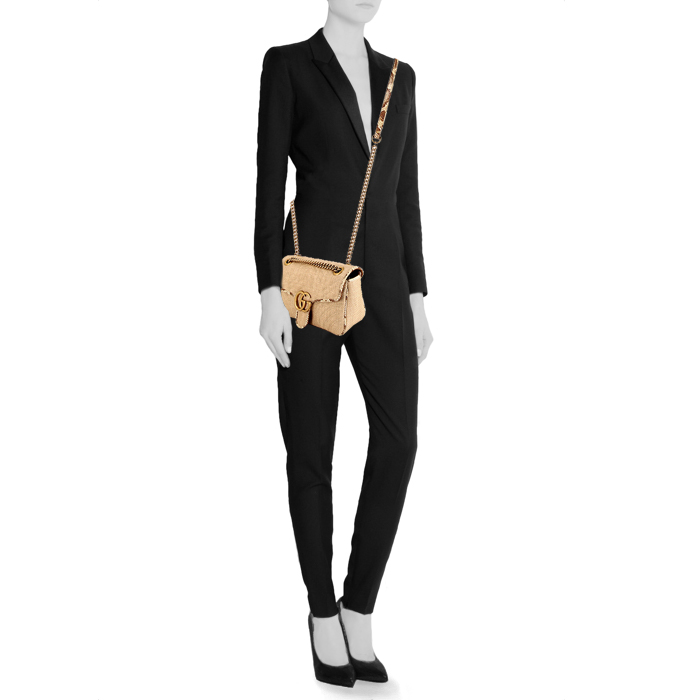 Borsa a tracolla Gucci GG Marmont in vimini intrecciato beige e pitone beige - Detail D2