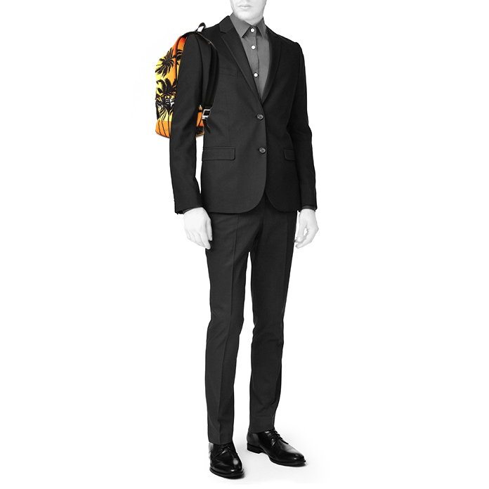 Zaino Saint Laurent City in tela arancione gialla e nera con motivo e pelle nera - Detail D1