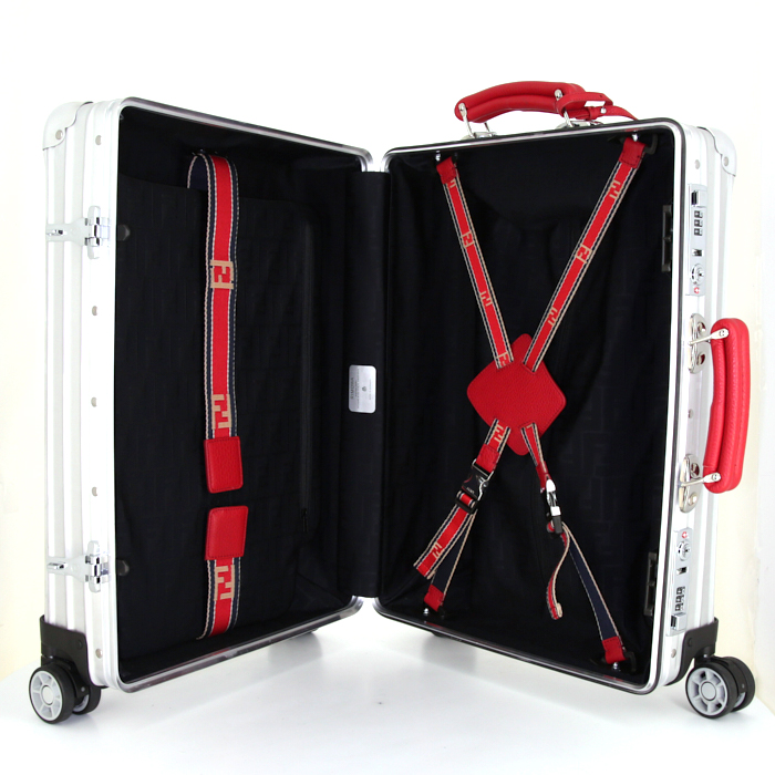 Rimowa Check-In Edition Limitée rigid suitcase in silver aluminium and red leather - Detail D2