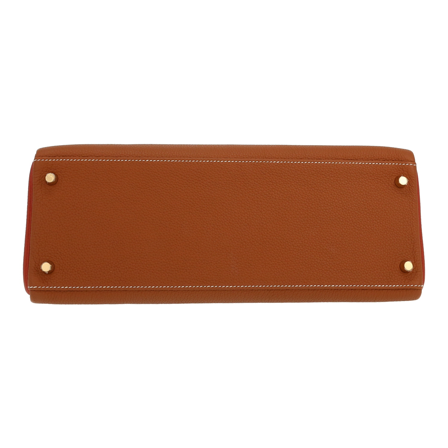 Borsa Hermes Kelly 35 cm in pelle togo bicolore rosso mattone e gold - Detail D1