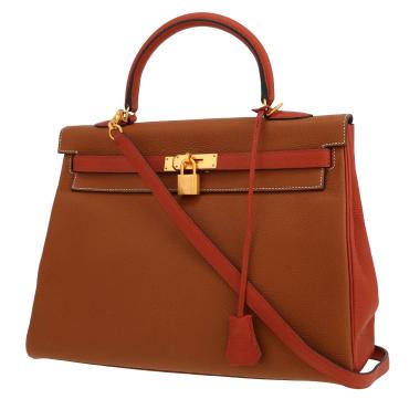 Bolso de mano Hermes Kelly 35 cm en cuero togo bicolor rojo ladrillo y color oro