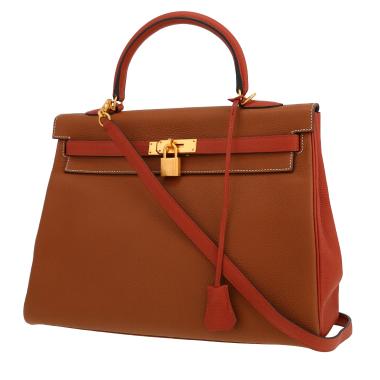 Sac à main Hermes Kelly 35 cm en cuir togo bicolore rouge-brique et gold