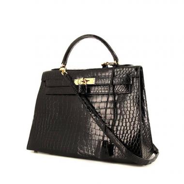 Sac à main Hermes Kelly 32 cm en crocodile porosus noir