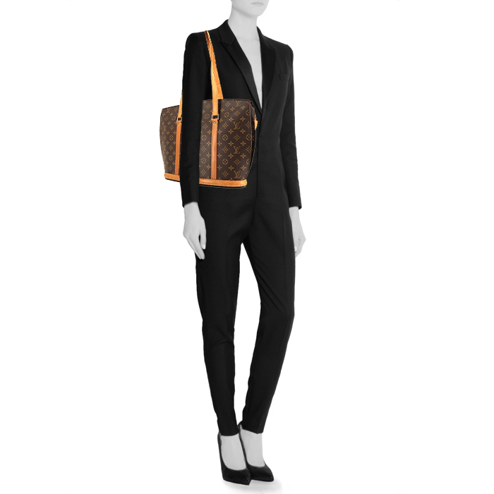 Shopping bag Louis Vuitton Babylone in tela monogram marrone e pelle naturale - Detail D1