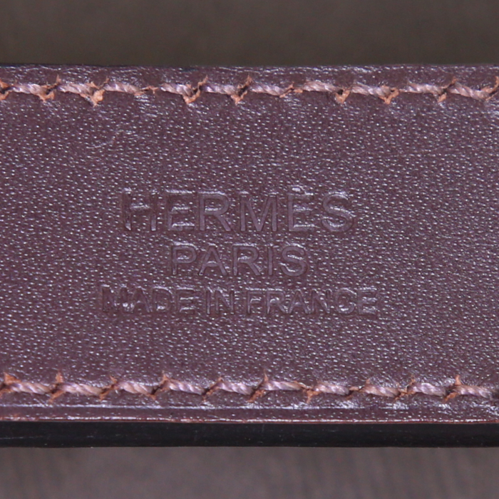 Hermès Tote shopping bag in khaki chevrons canvas and dark brown leather - Detail D4