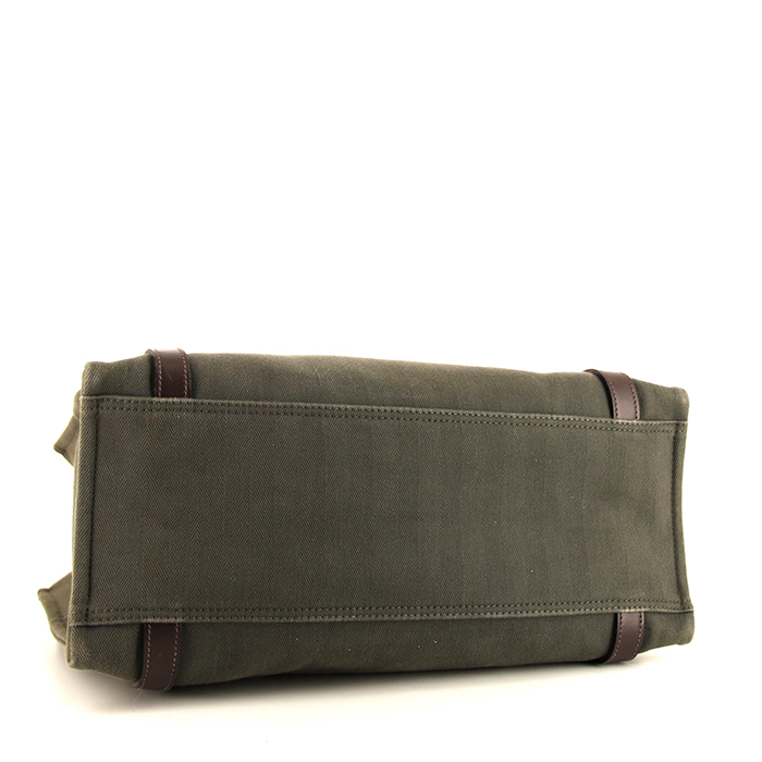 Sac cabas Hermès Cabalicol en toile chevrons vert-kaki et cuir marron-foncé - Detail D5