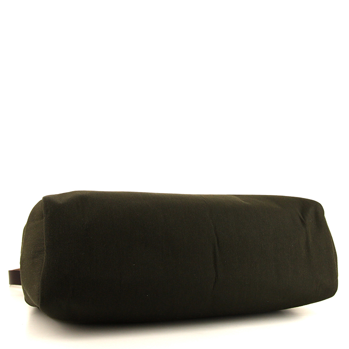 Sac bandoulière Hermes Herbag en toile vert-kaki et cuir marron-foncé - Detail D5