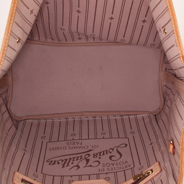 Shopping bag Louis Vuitton Neverfull modello medio in tela monogram marrone e pelle naturale - Detail D2