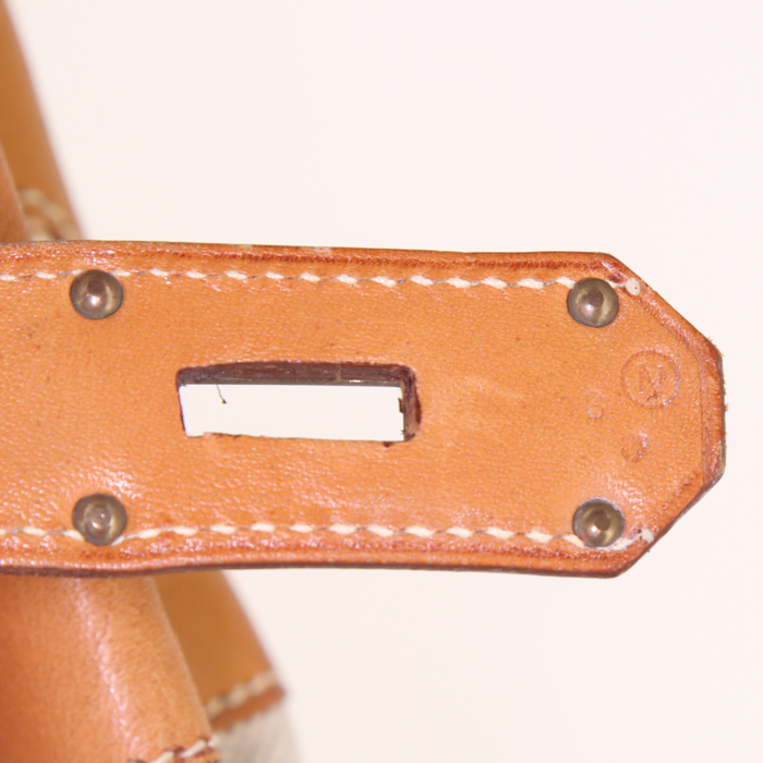 Sac de voyage Hermes Haut à Courroies - Travel Bag grand en toile beige et cuir gold - Detail D4