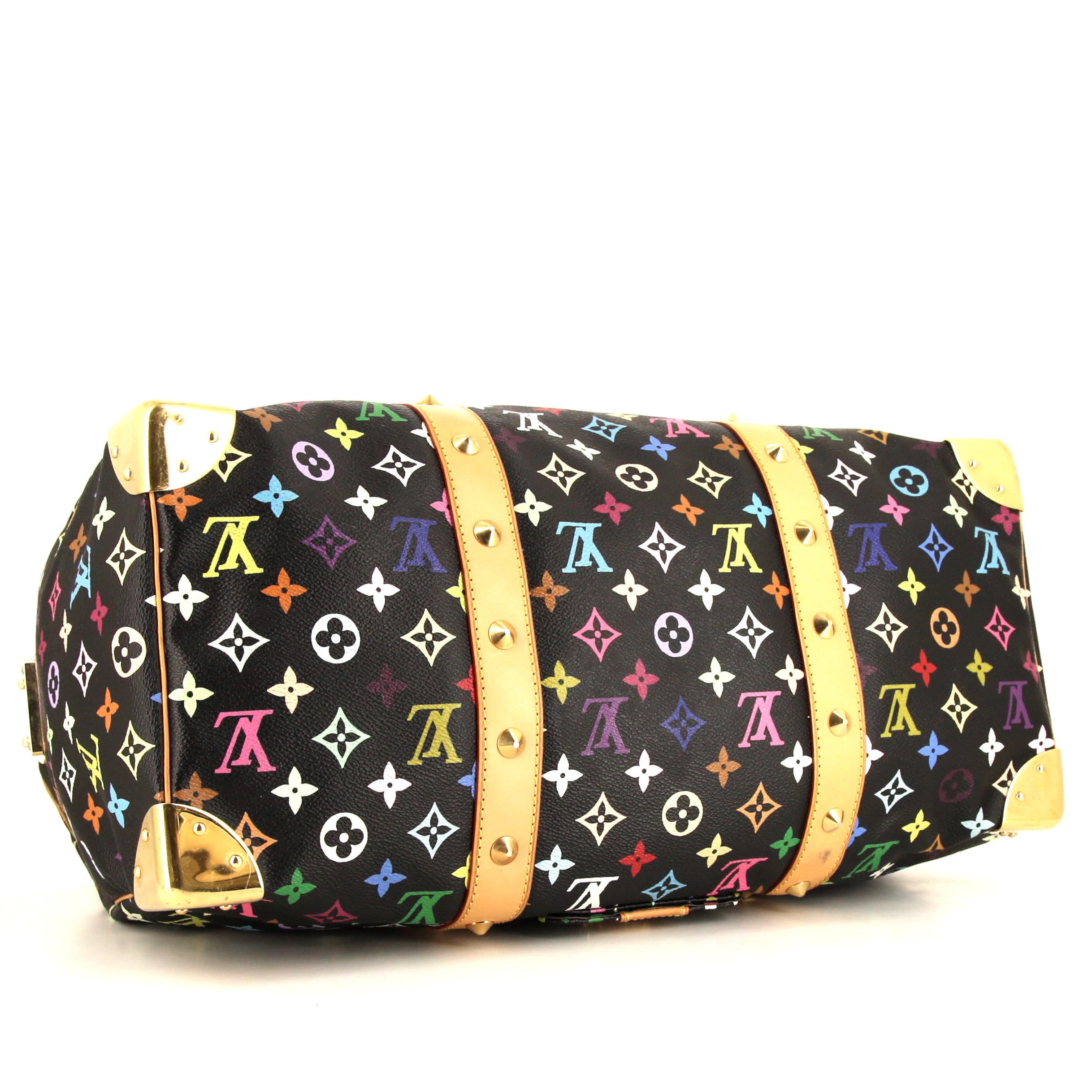 Louis Vuitton Keepall Editions Limitées weekend bag in black multicolor monogram canvas and natural leather - Detail D4