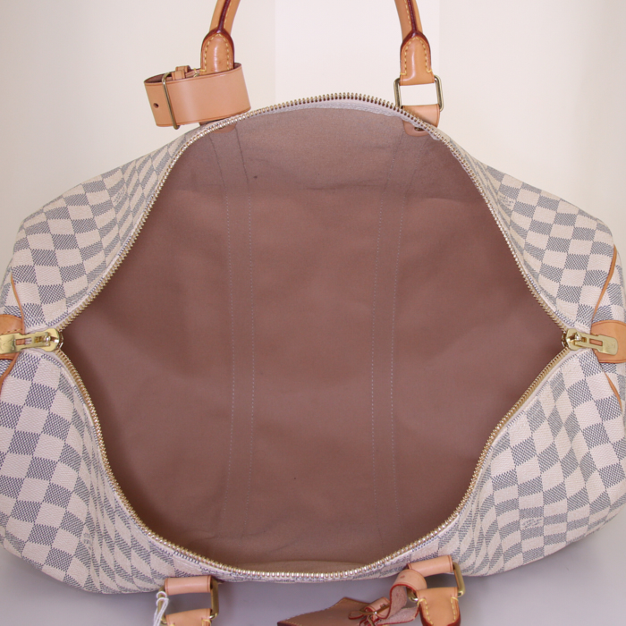 Borsa da viaggio Louis Vuitton Keepall 50 cm in tela a scacchi e pelle naturale - Detail D2