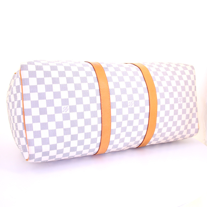 Louis Vuitton Keepall 50 cm travel bag in azur damier canvas and natural leather - Detail D4