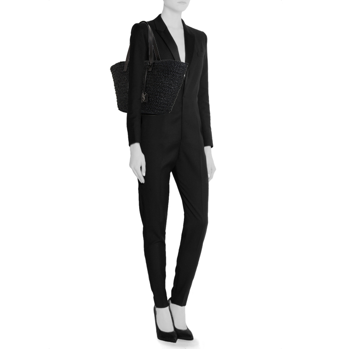 Saint Laurent Cabas YSL shopping bag in black raphia and black leather - Detail D1
