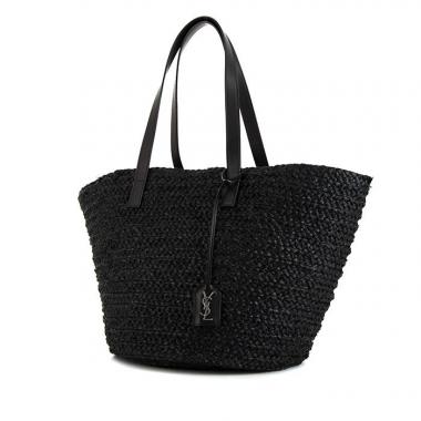 Bolso Cabás Saint Laurent Cabas YSL en raffia negra y cuero negro