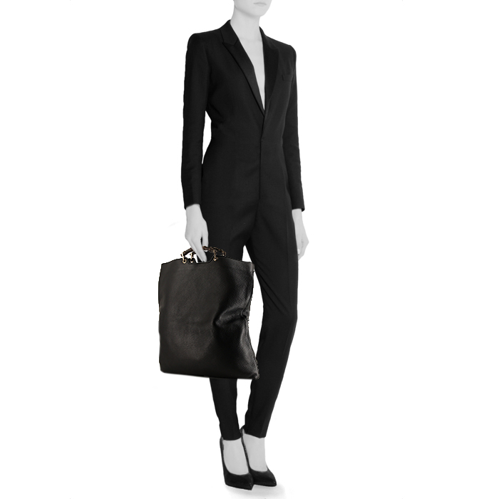 Sac bandoulière Gucci Bamboo en cuir noir et bambou - Detail D1