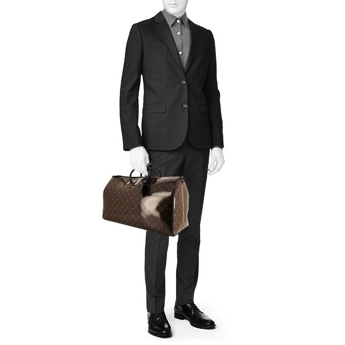 Sac de week end Louis Vuitton Keepall Editions Limitées en toile monogram marron et cuir noir - Detail D1