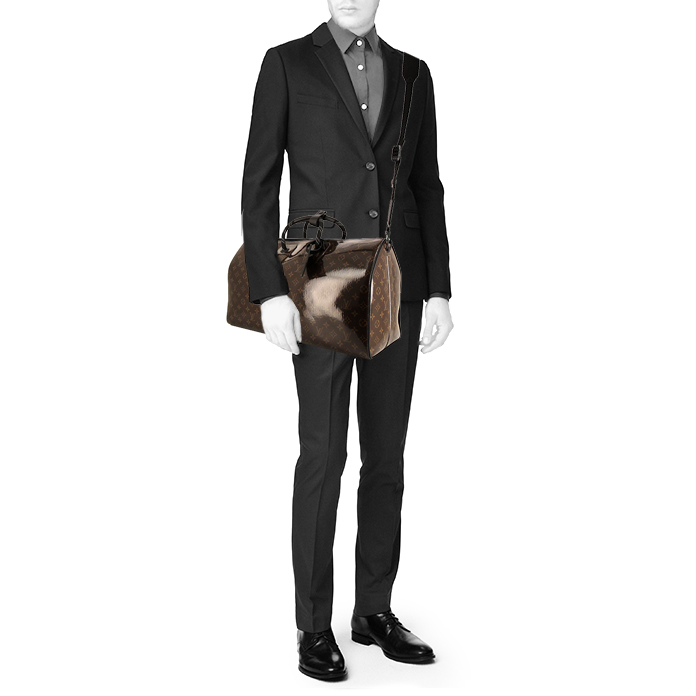 Louis Vuitton Keepall Editions Limitées weekend bag in brown monogram canvas and black leather - Detail D2