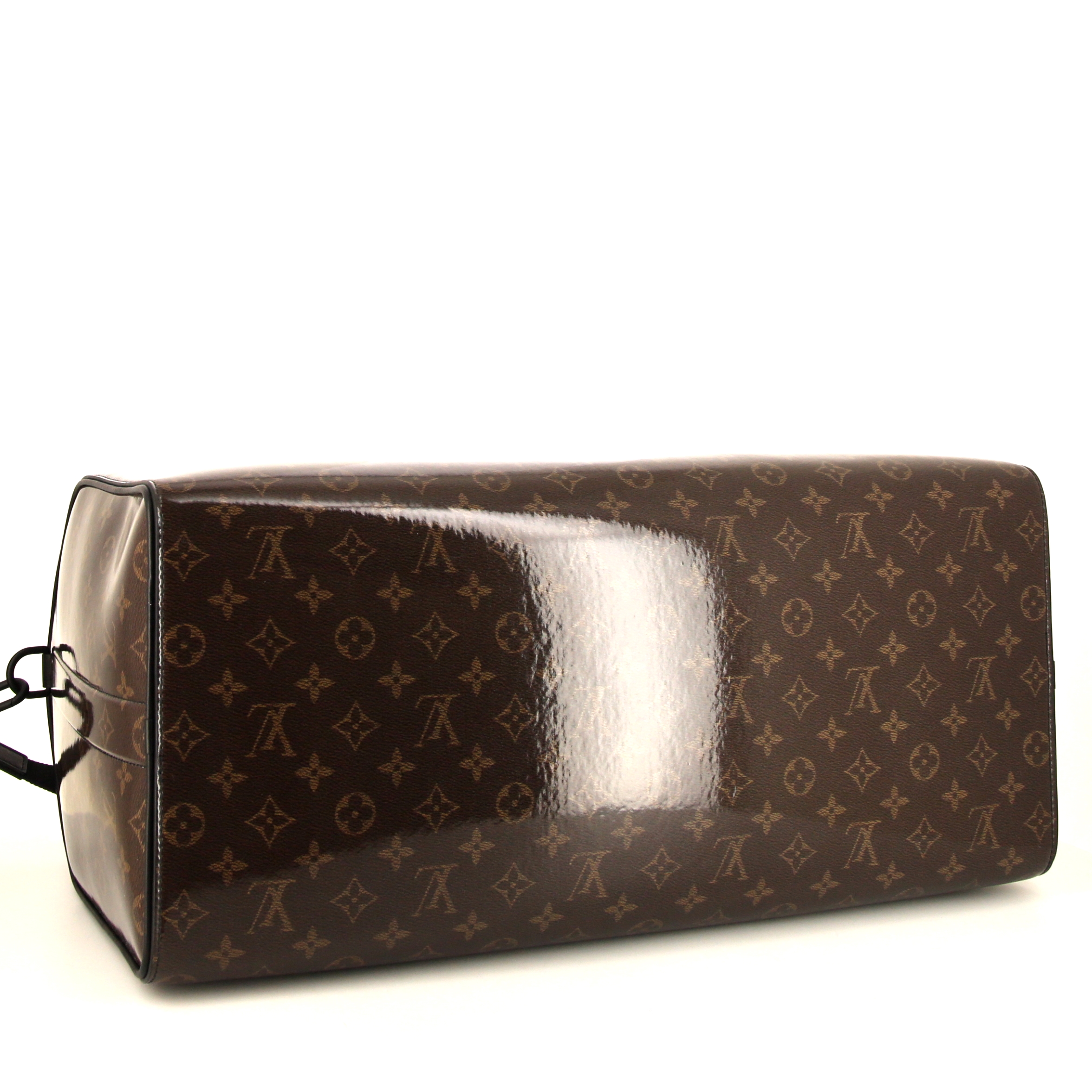 Sac de week end Louis Vuitton Keepall Editions Limitées en toile monogram marron et cuir noir - Detail D5
