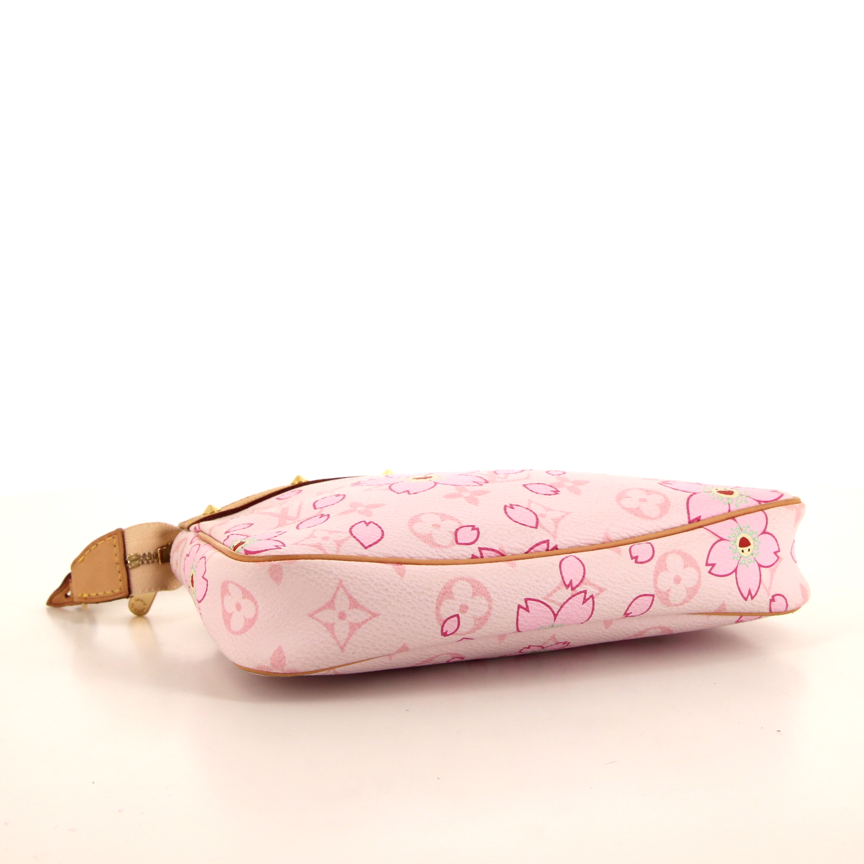 Pochette Louis Vuitton Cherry Blossom en toile rose et cuir naturel - Detail D4