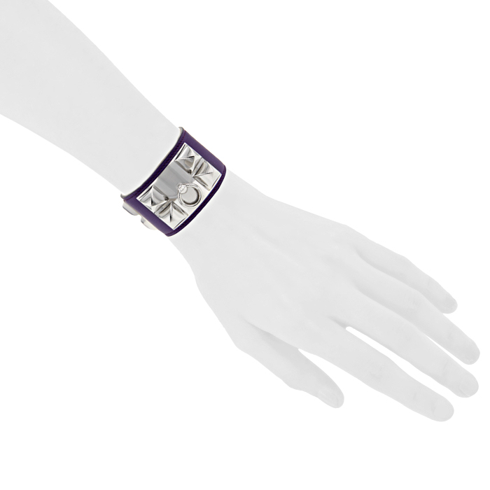 Brazalete Hermes Médor en paladio y cuero violeta - Detail D1