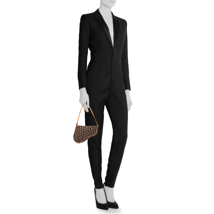 Bolsito de mano Dior Saddle en lona Monogram Oblique marrón y cuero marrón - Detail D1