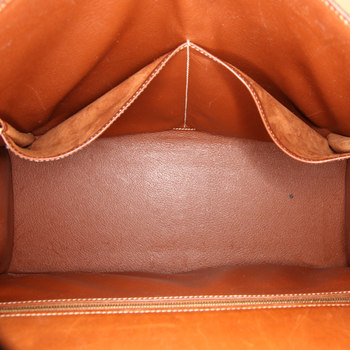 Sac porté épaule ou main Hermes Kelly 35 cm en toile beige-écru et cuir Barénia fauve - Detail D3