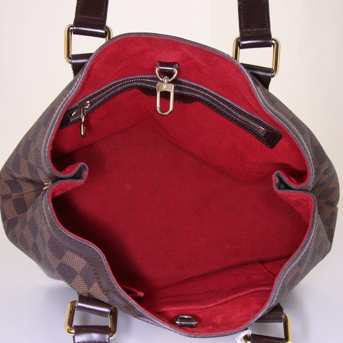 Shopping bag Louis Vuitton Hampstead in tela a scacchi marrone e pelle marrone - Detail D2