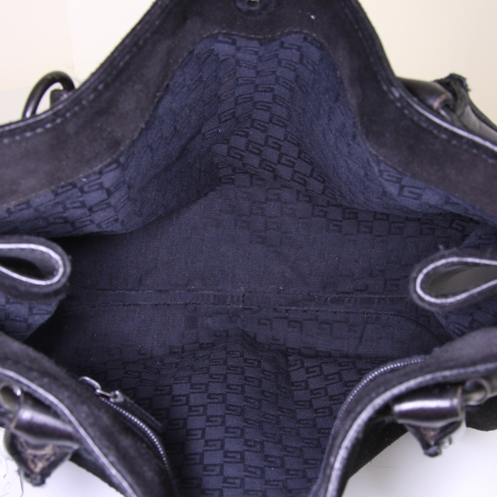 Gucci Mors handbag in black suede and black leather - Detail D2
