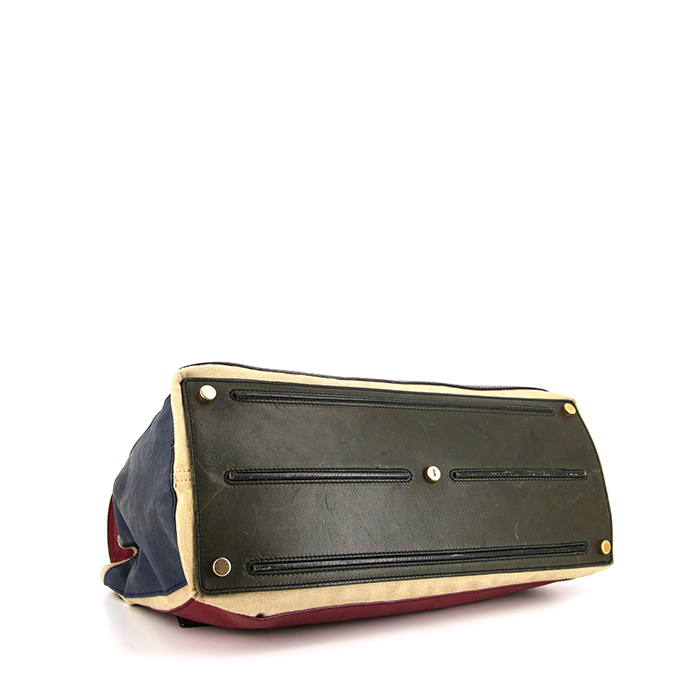 Sac à main Yves Saint Laurent Muse Two grand modèle en cuir tricolore rouge bleu et noir et toile beige - Detail D4