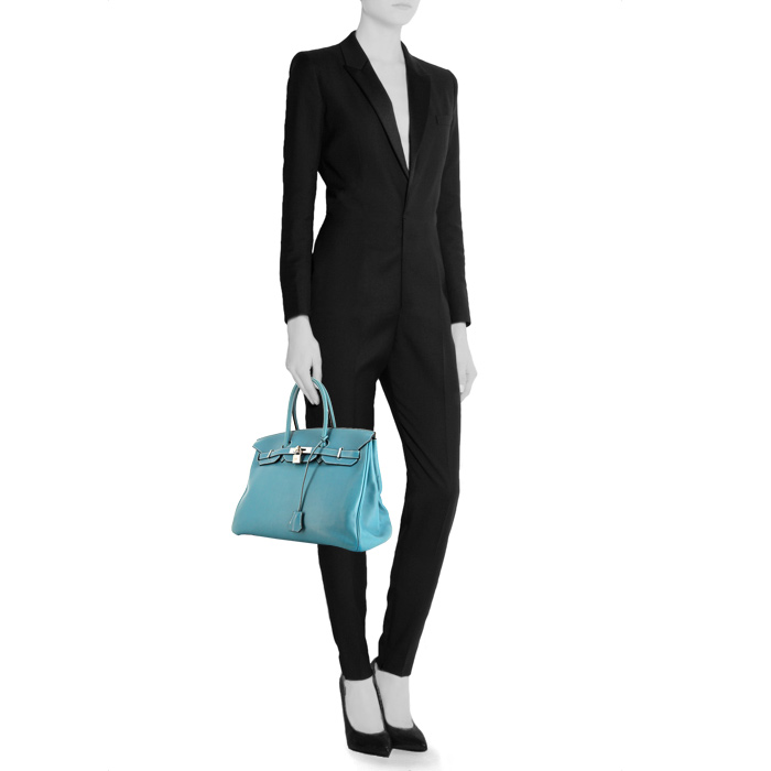 Sac à main Hermes Birkin 35 cm en cuir Tadelakt bleu-jean - Detail D1