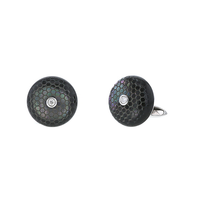 Paire de boutons de manchette Fred en or blanc,  nacre grise et diamants