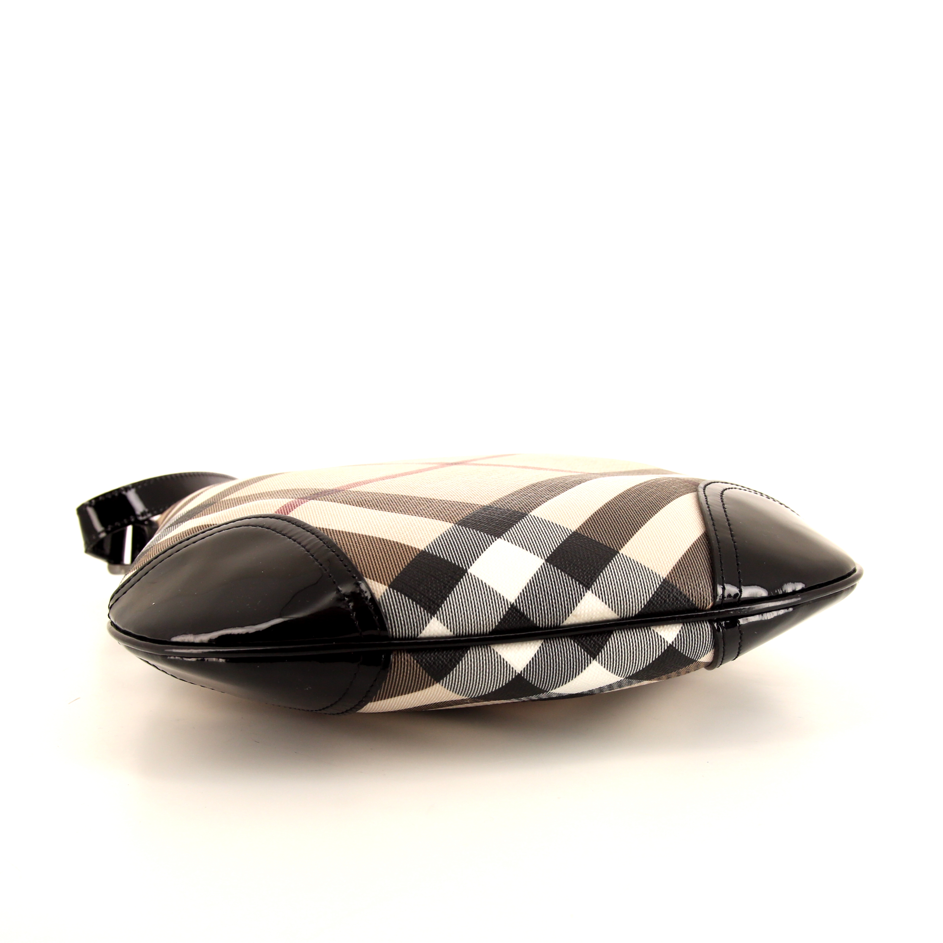 Borsa a tracolla Burberry Dryden in tela Haymarket beige e pelle verniciata nera - Detail D4