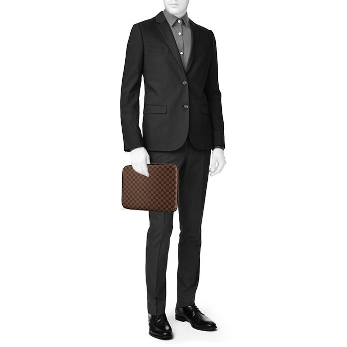 Louis Vuitton computer holder in ebene damier canvas and brown leather - Detail D1