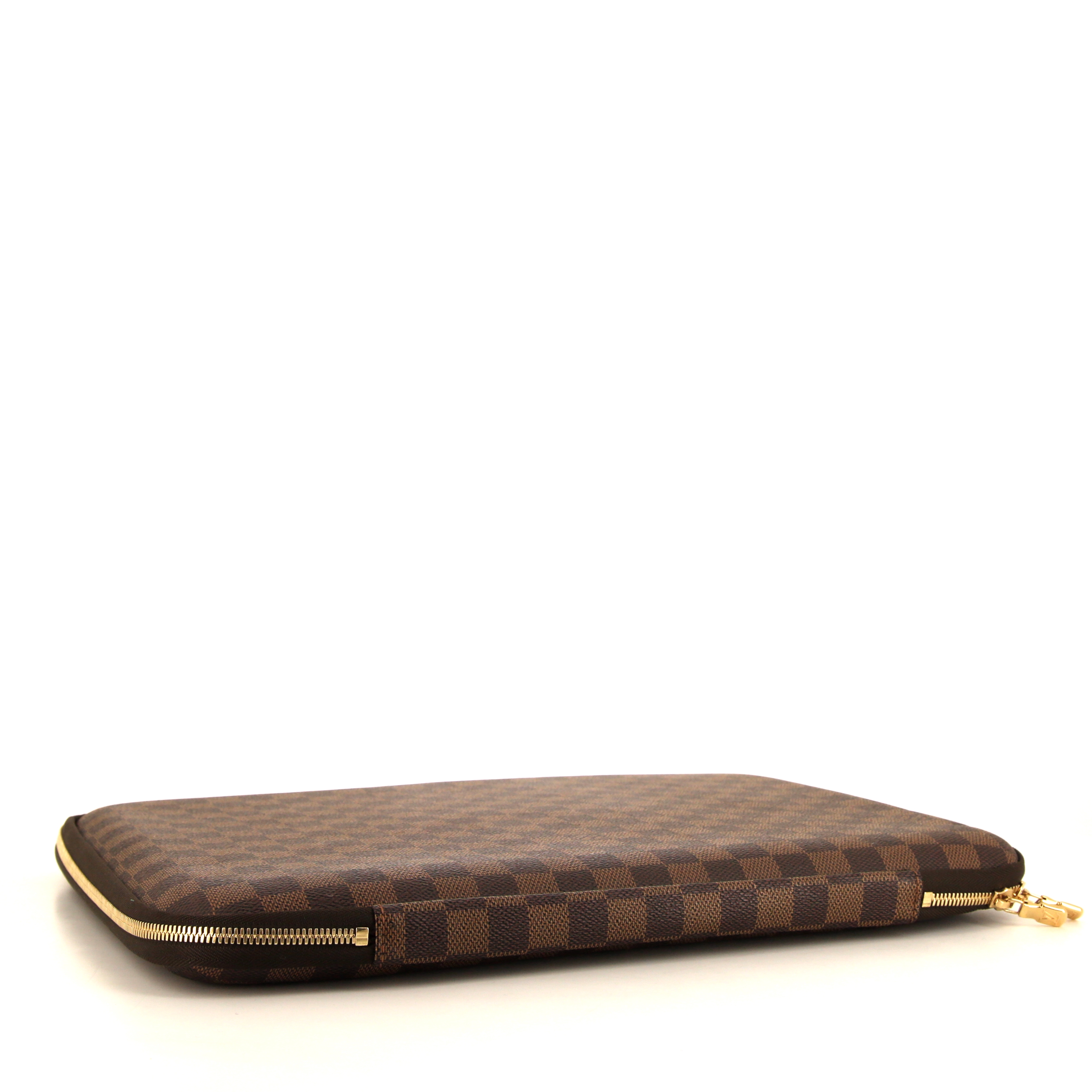 Louis Vuitton computer holder in ebene damier canvas and brown leather - Detail D4
