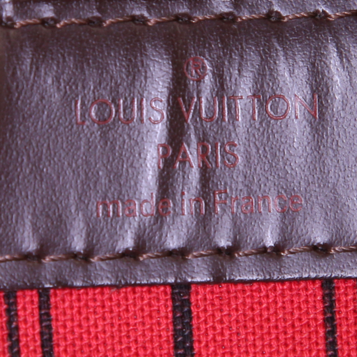Sac cabas Louis Vuitton Neverfull grand modèle en toile damier enduite ébène et cuir marron - Detail D3