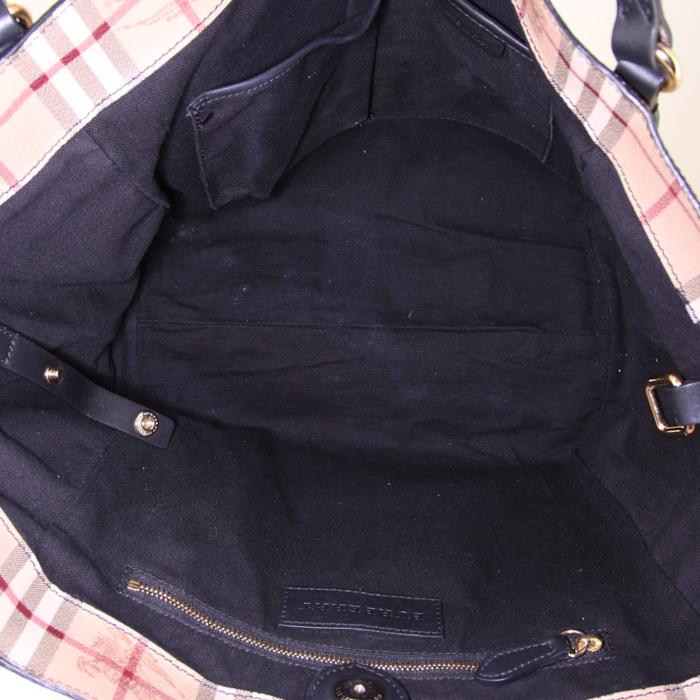 Burberry shopping bag in beige Haymarket canvas and black leather - Detail D2