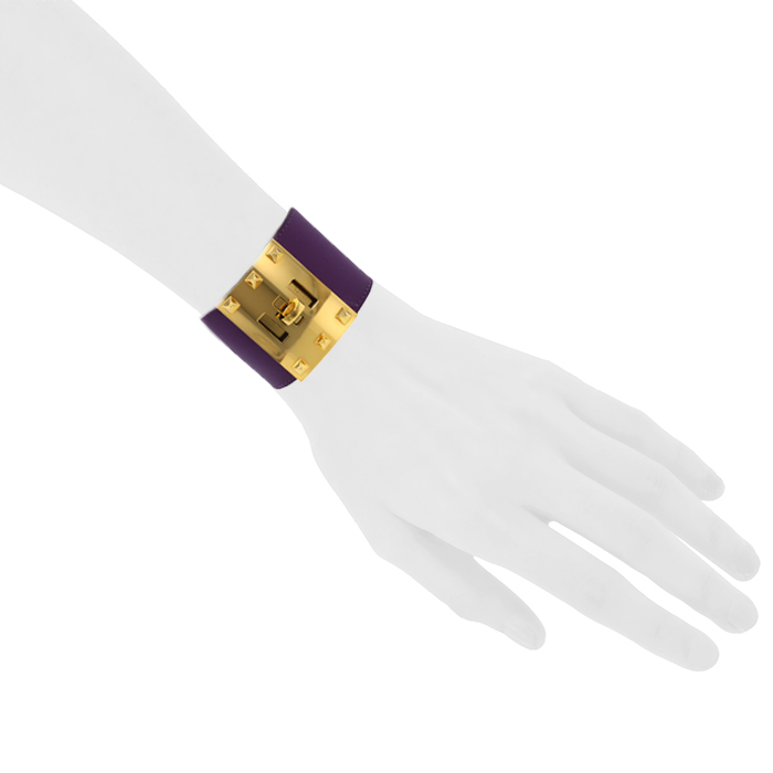 Bracelet manchette Hermès Extrême taille S en cuir et métal doré - Detail D1