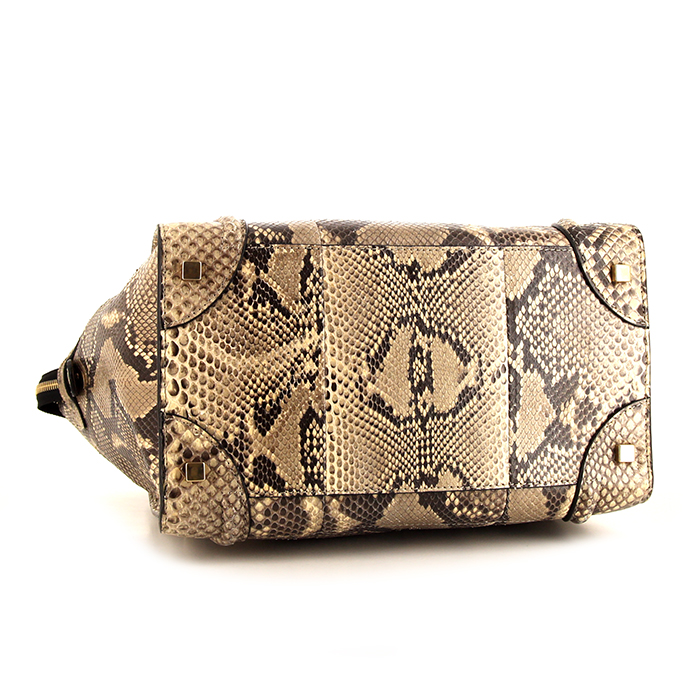 Bolso de mano Celine Luggage modelo mediano en piel de pitón beige y marrón - Detail D4