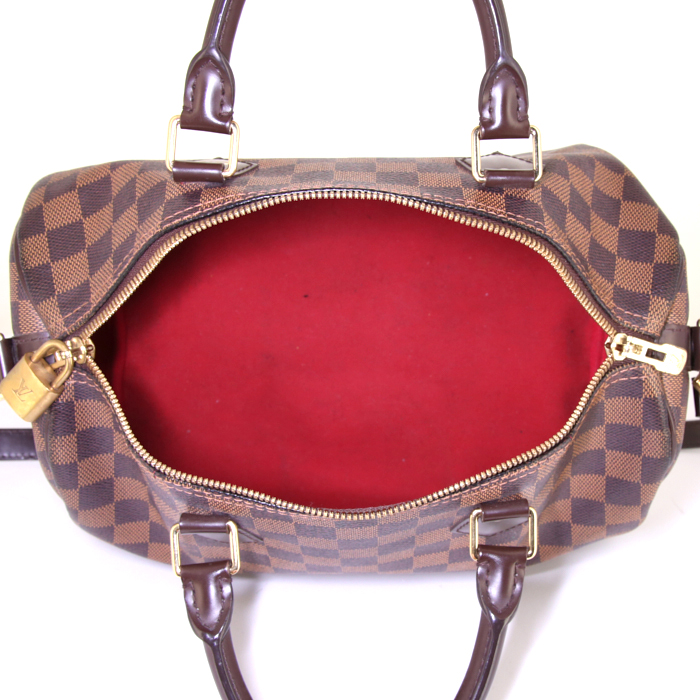Sac à main Louis Vuitton Speedy 30 en toile damier ébène et cuir marron - Detail D3