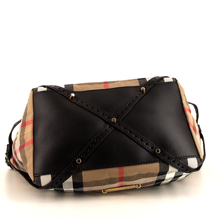 Borsa Burberry in tela Haymarket beige e pelle nera - Detail D4