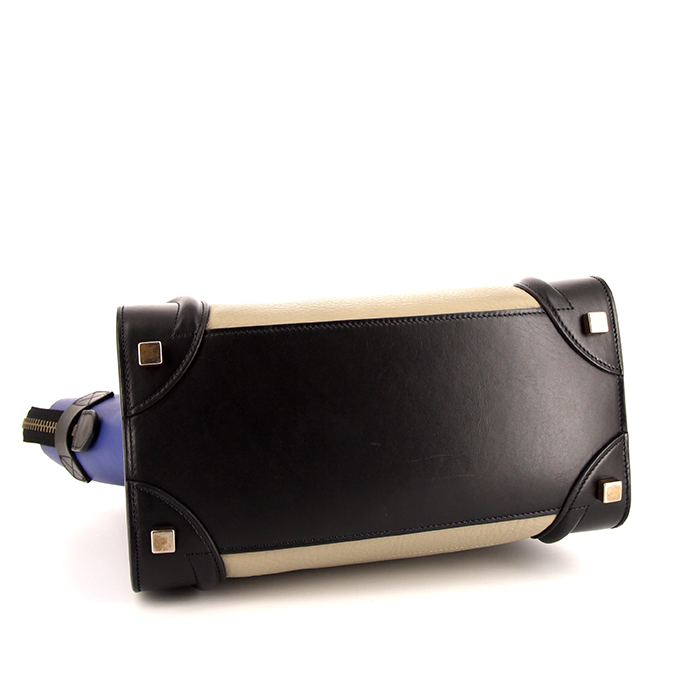 Celine Luggage Micro handbag in black, beige and blue tricolor leather - Detail D4