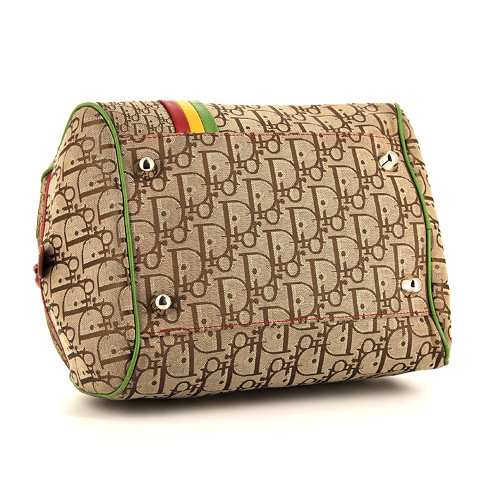 Dior Vintage handbag in beige monogram canvas Oblique and red leather - Detail D4