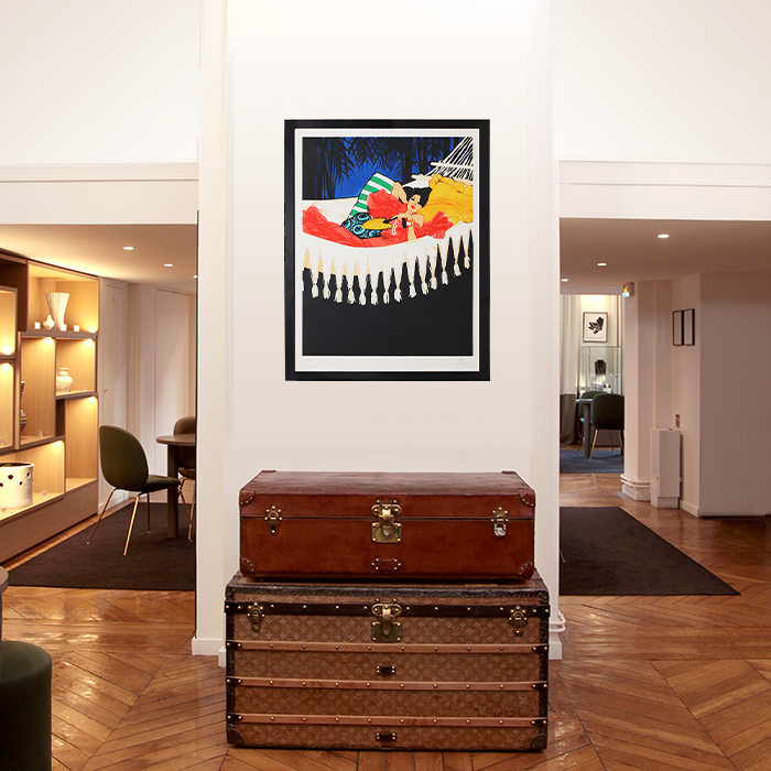 René Gruau, publicité pour Dioressence "Femme dans un hamac" de 1981, collection parfums Christian Dior, lithographie, encadrée, signée et numérotée - Detail D5