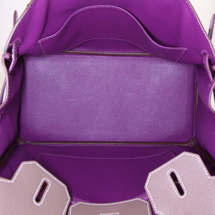 Borsa Hermes Birkin 30 cm in pelle Mysore tricolore blu Azteco viola Anemone e etoupe - Detail D2