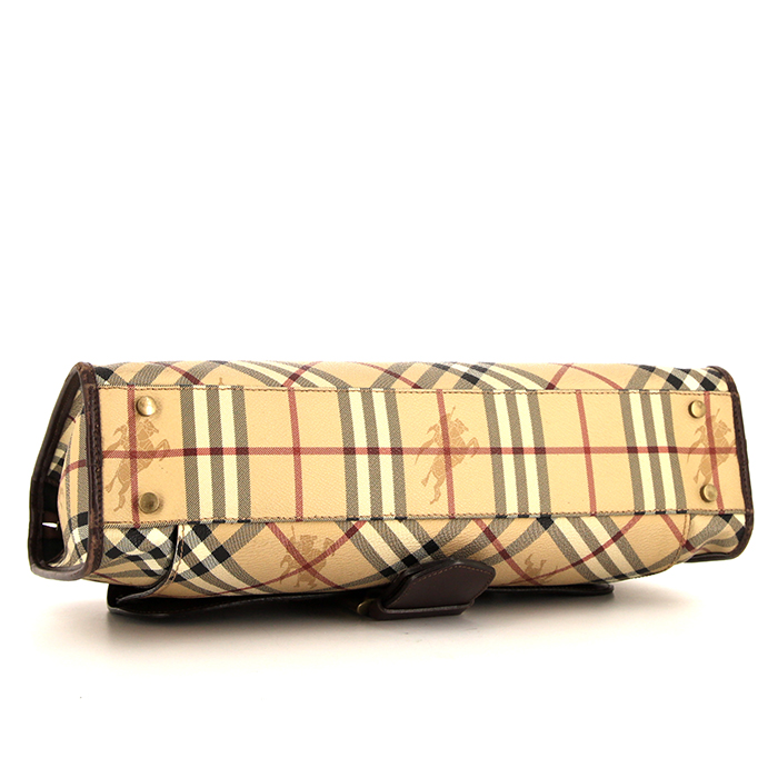 Sac à main Burberry Vintage en toile Haymarket beige et cuir marron - Detail D4