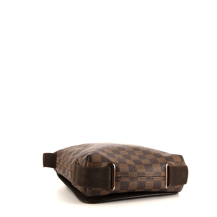 Sac bandoulière Louis Vuitton Messenger en toile damier ébène et cuir marron - Detail D4