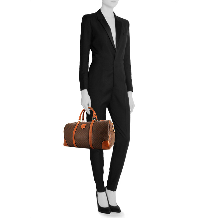 Celine weekend bag in brown "Triomphe" canvas and brown leather - Detail D1