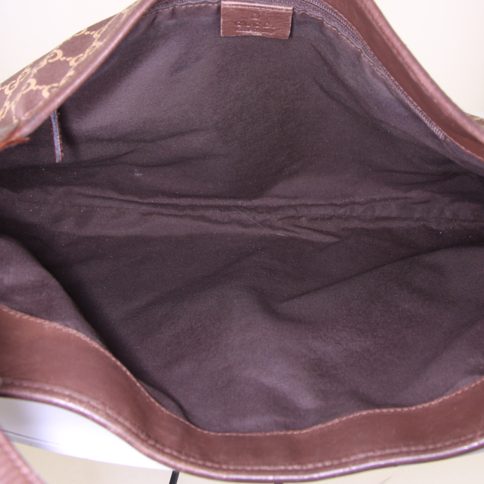 Gucci Jackie handbag in brown and beige monogram canvas and brown leather - Detail D2