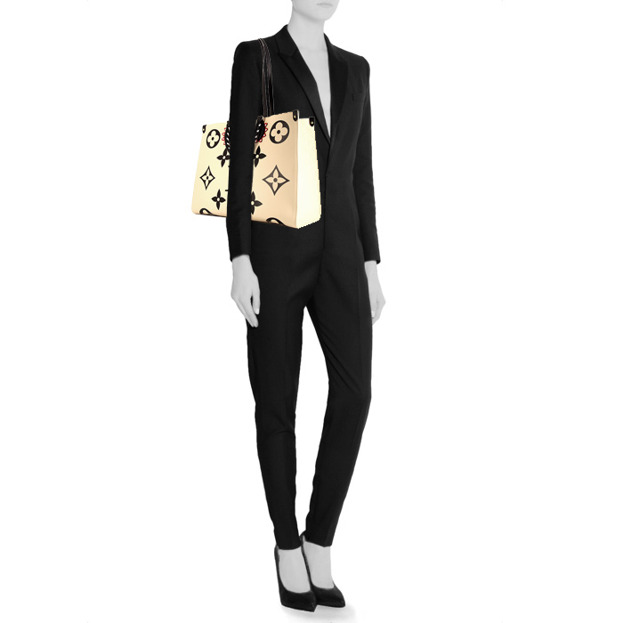 Sac cabas Louis Vuitton Onthego Crafty grand modèle en toile monogram deux tons blanche et noire - Detail D2