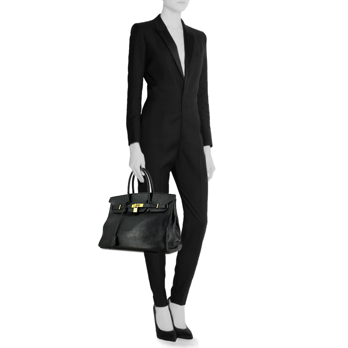 Borsa Hermes Birkin 35 cm in pelle Fjord nera - Detail D1